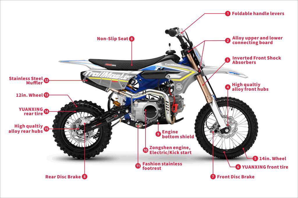MK125 Dirt Bike 4-Speed Manual Dual Disc Brakes, Electric Start (14/12), Ages 12 and up