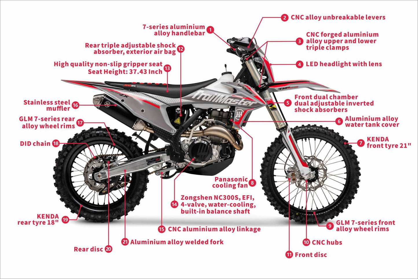 TrailMaster LX300-Pro Dirt Bike, NC300 EFI Racing Engine, Liquid-Cooled, 6-Speed Manual, Dual Disc Brakes, Electric Start with Kick backup, Billet Wheels (21/18)