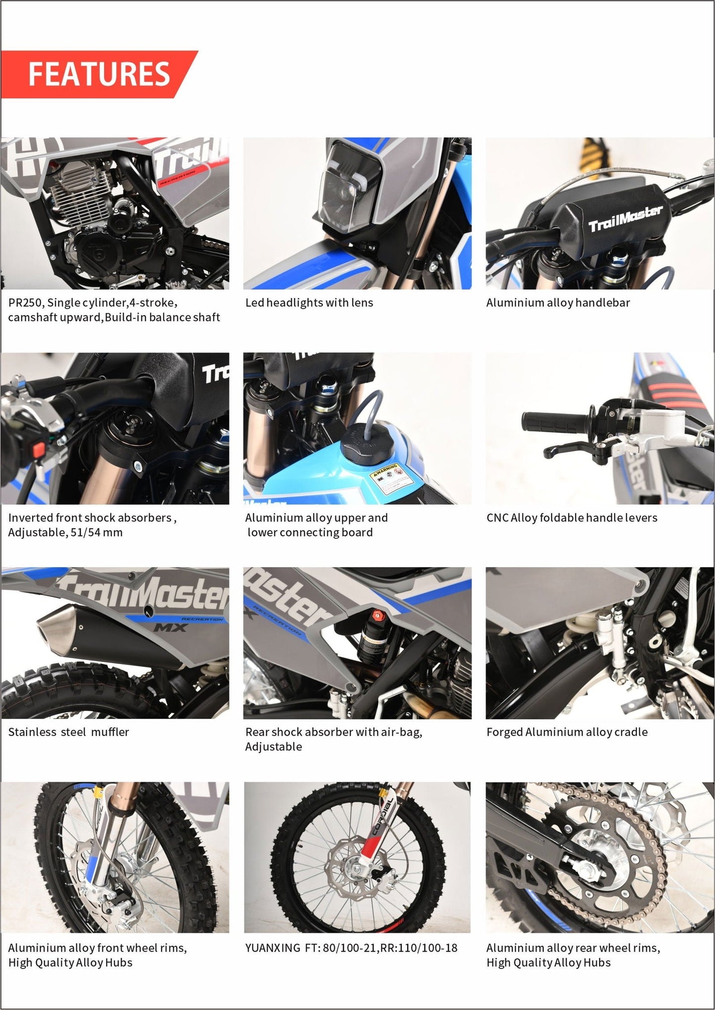 TrailMaster MX250-Pro Dirt Bike, 5-Speed Manual, Dual Disc Brakes, Electric Start (21/18) Wheels