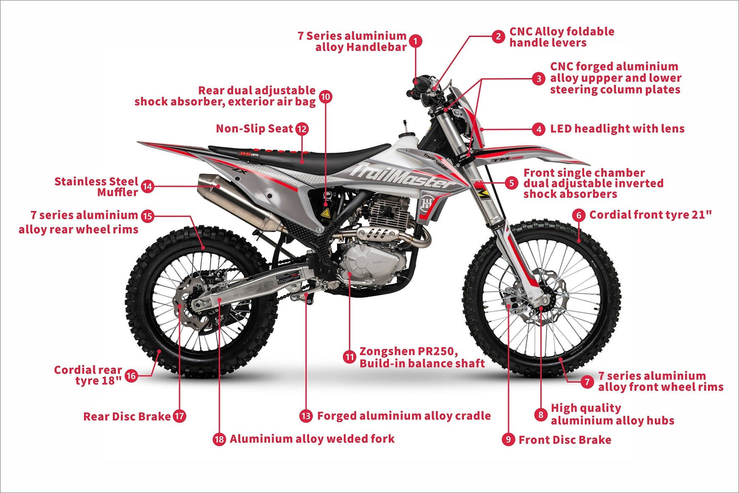 LX250 Dirt Bike, 6-Speed Manual, Dual Disc Brakes, Electric Start with Kick backup, (21/18) Wheels