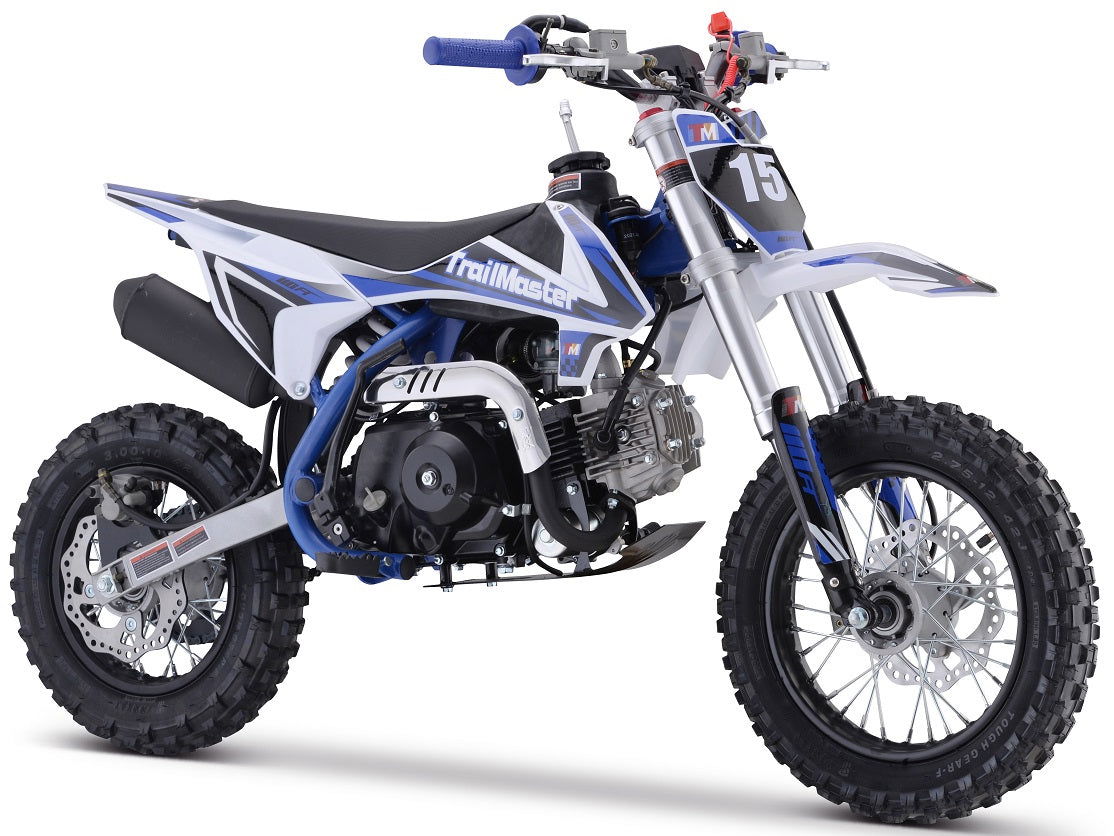 TrailMaster TM15 110cc Dirt Bike, 4-Speed Semi-Auto, Electric Start w/Kick backup, Dual Disc Brakes (12/10) Ages 8-12