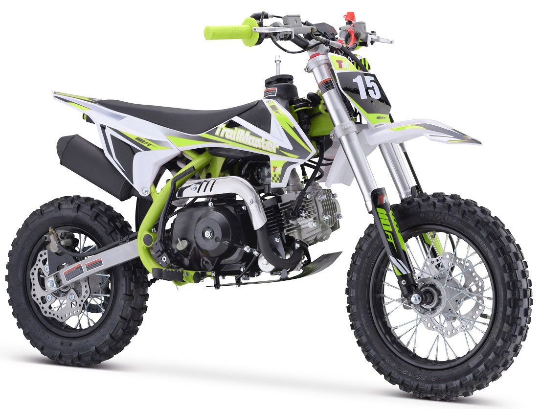 TrailMaster TM15 110cc Dirt Bike, 4-Speed Semi-Auto, Electric Start w/Kick backup, Dual Disc Brakes (12/10) Ages 8-12