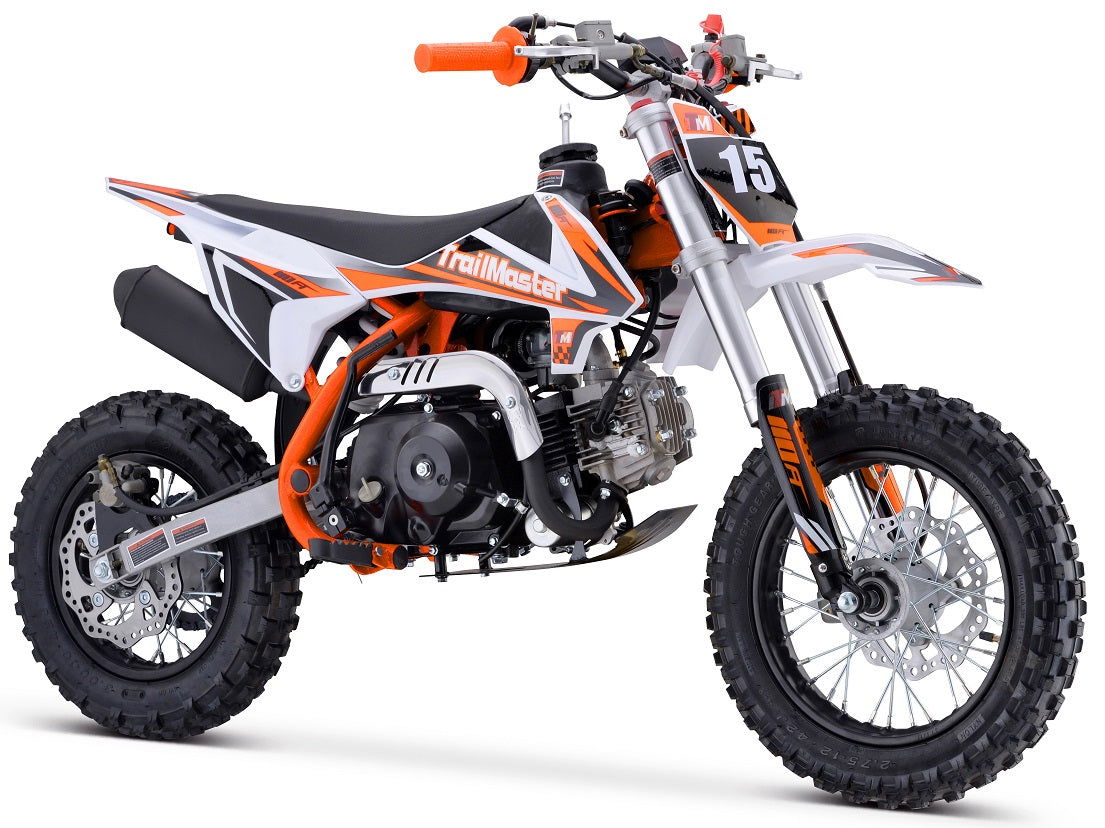 TrailMaster TM15 110cc Dirt Bike, 4-Speed Semi-Auto, Electric Start w/Kick backup, Dual Disc Brakes (12/10) Ages 8-12