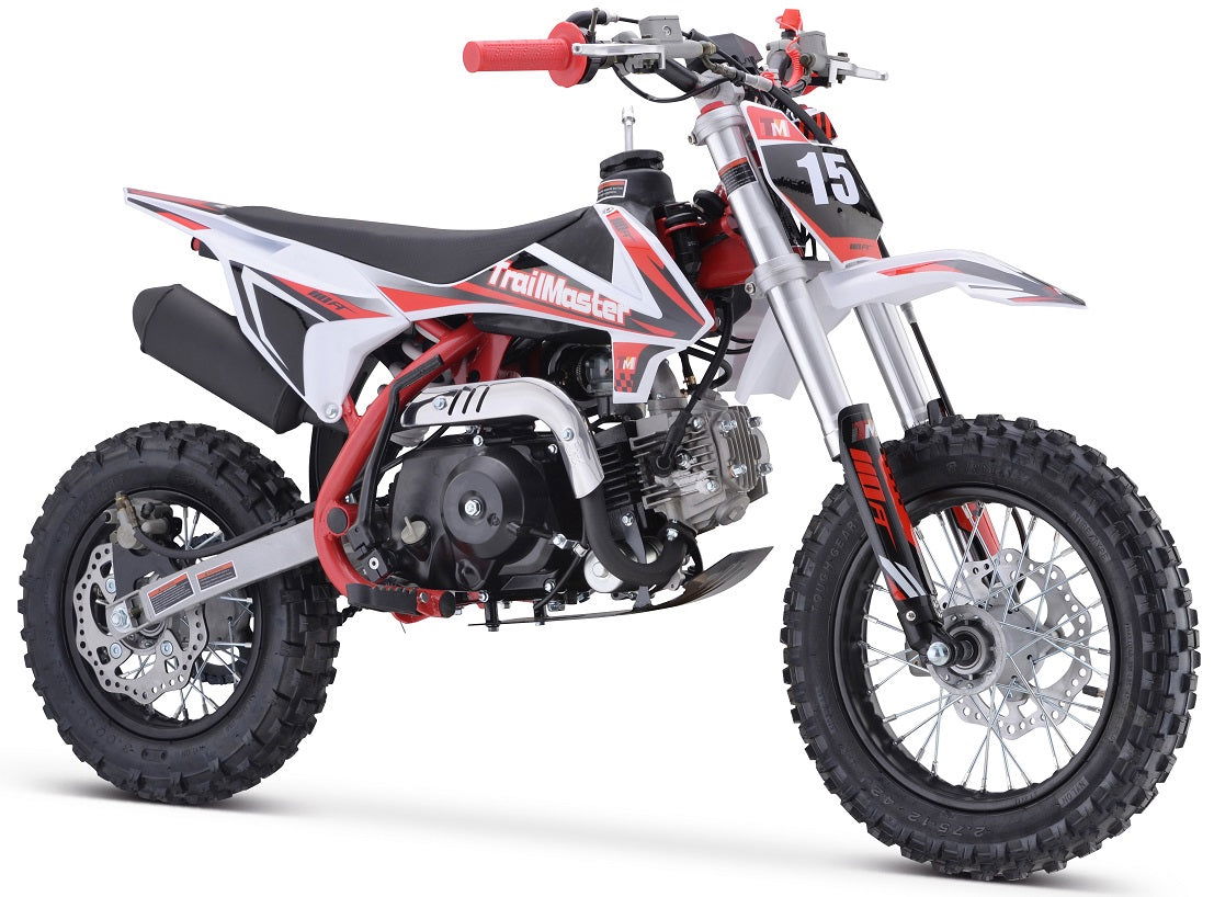 TrailMaster TM15 110cc Dirt Bike, 4-Speed Semi-Auto, Electric Start w/Kick backup, Dual Disc Brakes (12/10) Ages 8-12