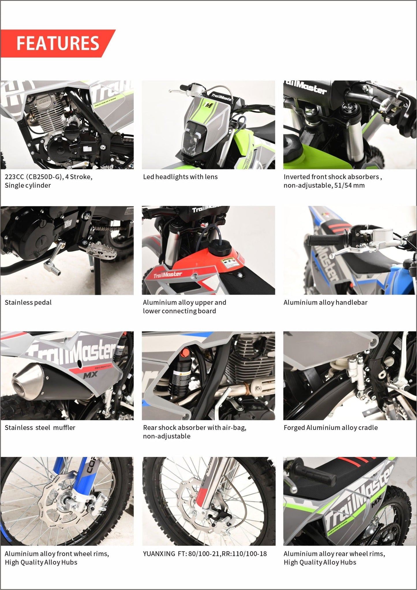 TrailMaster MX250 Dirt Bike, 5-Speed Manual, Electric Start, Dual Disc Brakes, (21/18) Wheels