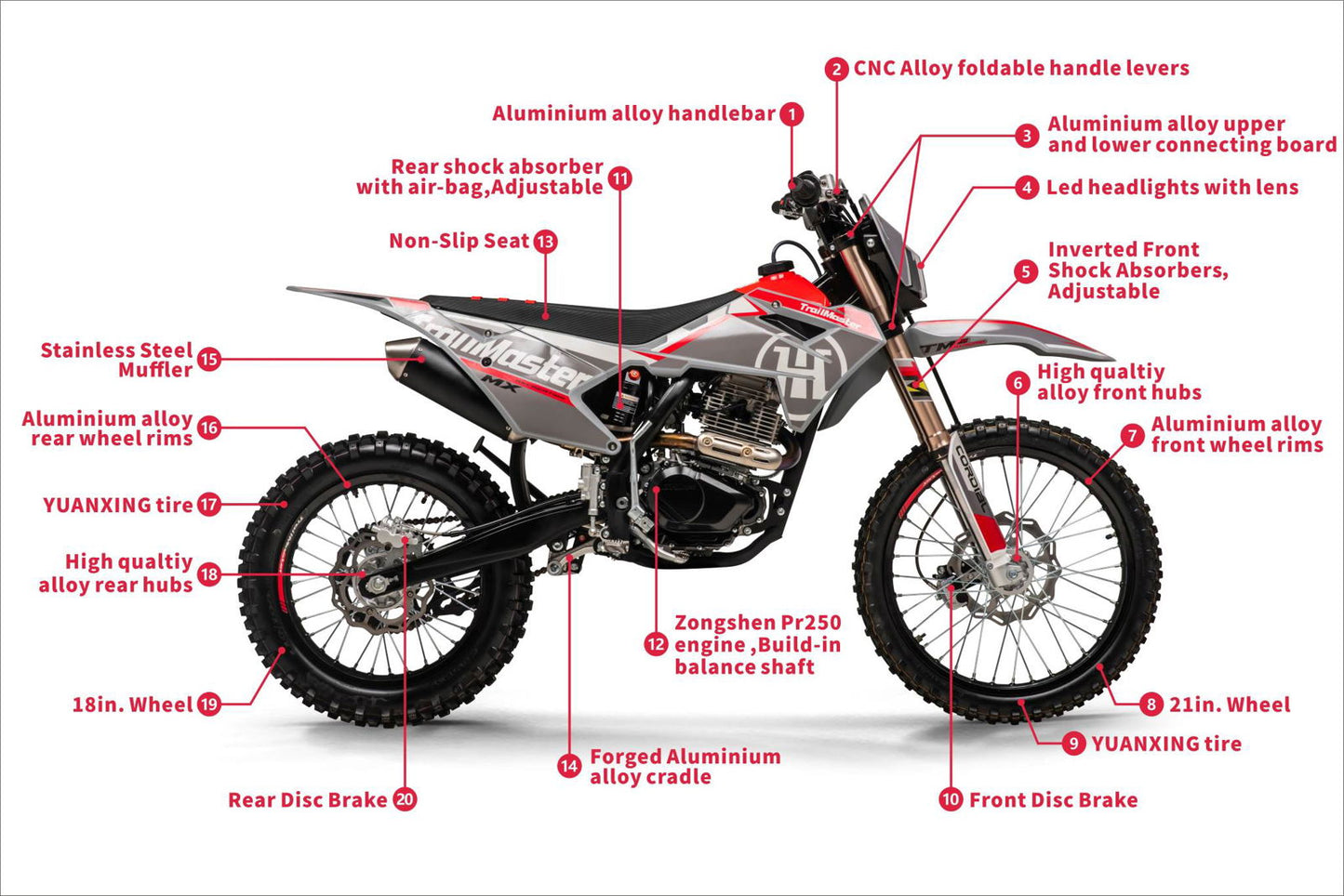TrailMaster MX250-Pro Dirt Bike, 5-Speed Manual, Dual Disc Brakes, Electric Start (21/18) Wheels
