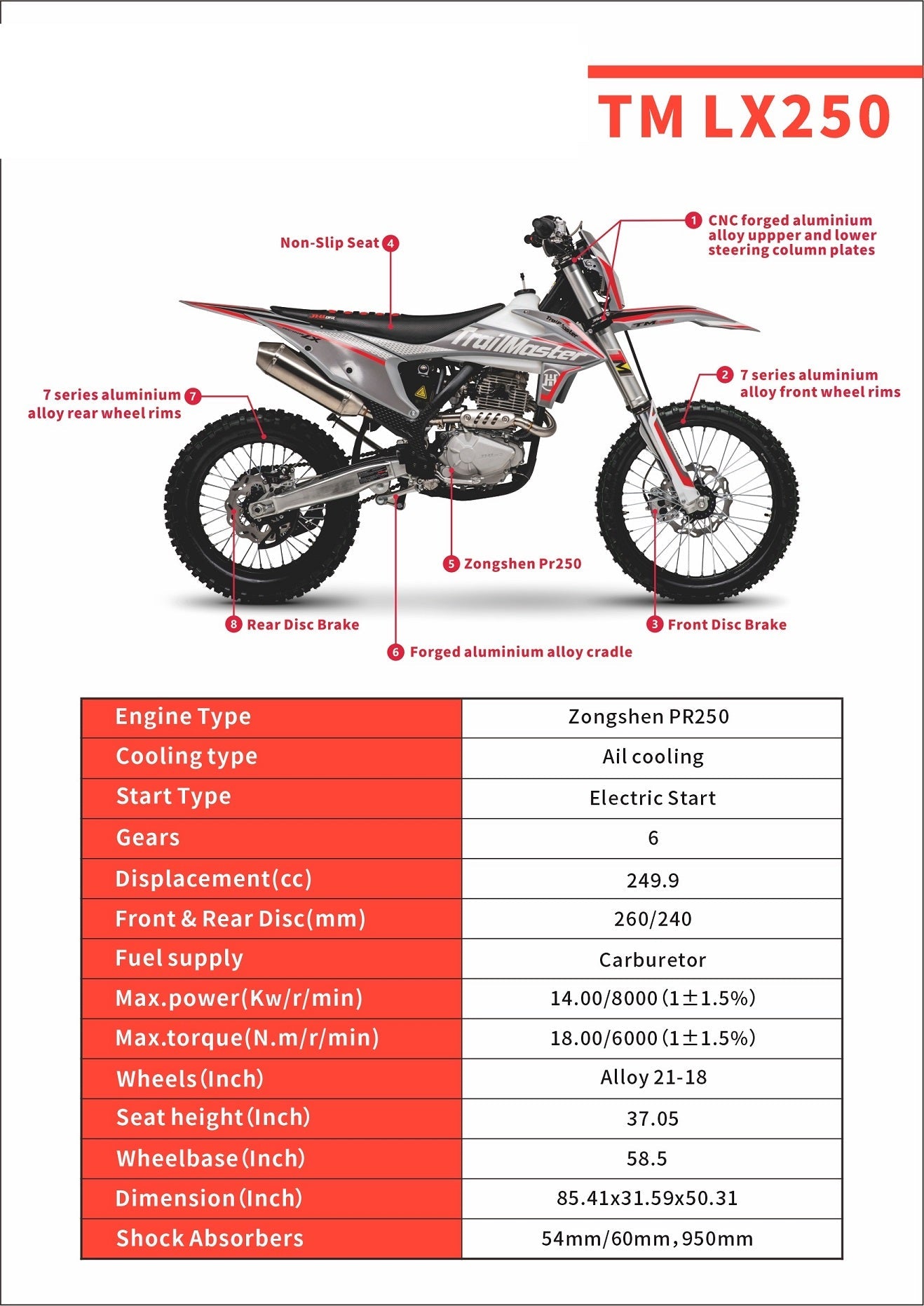 TrailMaster LX250 Dirt Bike, 6-Speed Manual, Dual Disc Brakes, Electric Start with Kick backup, (21/18) Wheels