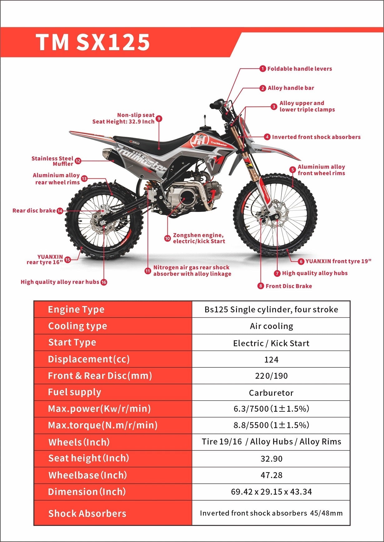 SX125 Pro Series Dirt Bike, Electric Start, 4-Speed Manual, Dual Disc Brakes, (19/16) Wheels
