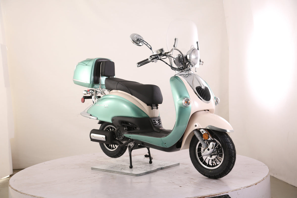 Sorrento 200 Street Scooter, Larger Engine 168.9cc, Locking Trunk, Windshield, USB Charger, Electric Start, CDI Ignition, Air Cooled