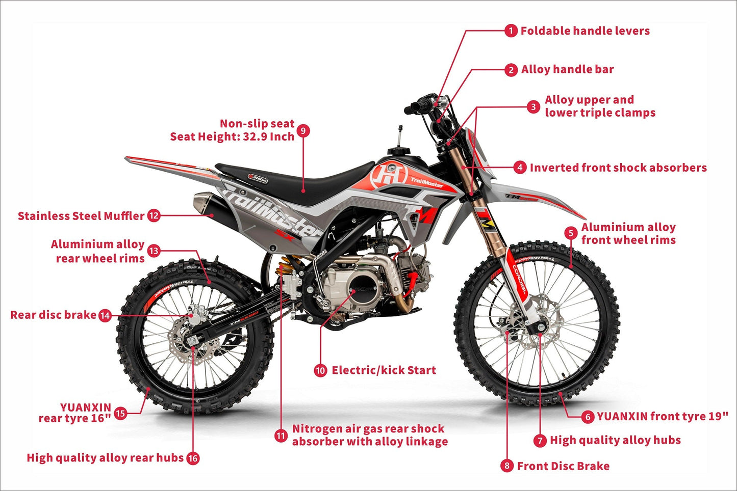 SX150 Pro Series Dirt Bike, Electric Start, 4-Speed Manual, Dual Disc Brakes, (19/16) Wheels